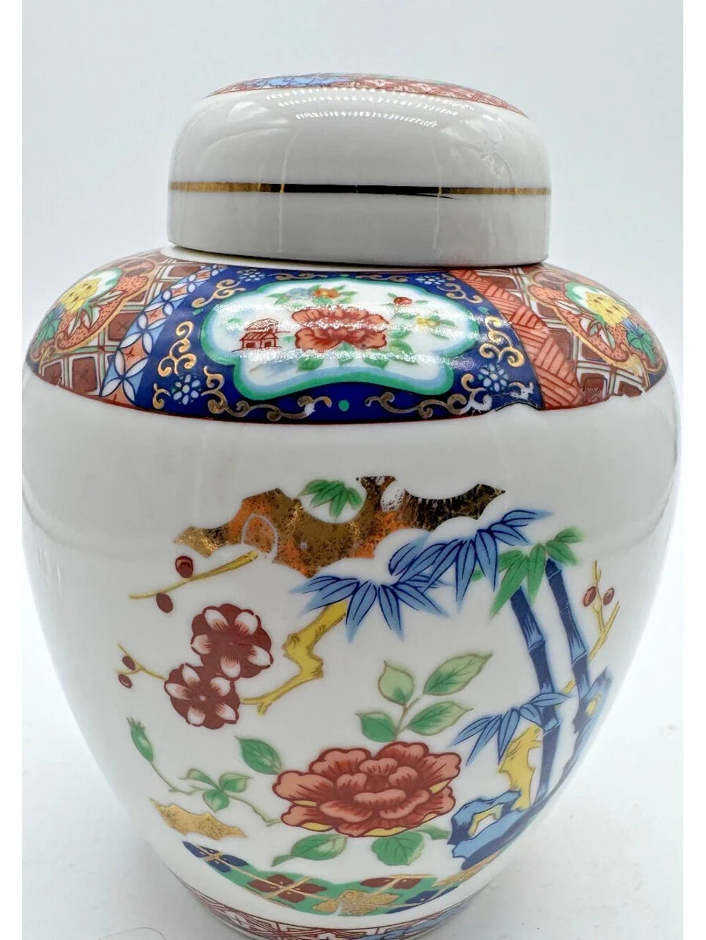 Vintage Miyako Imari Ware Japan Porcelain Ginger Jar Floral Bamboo Gold